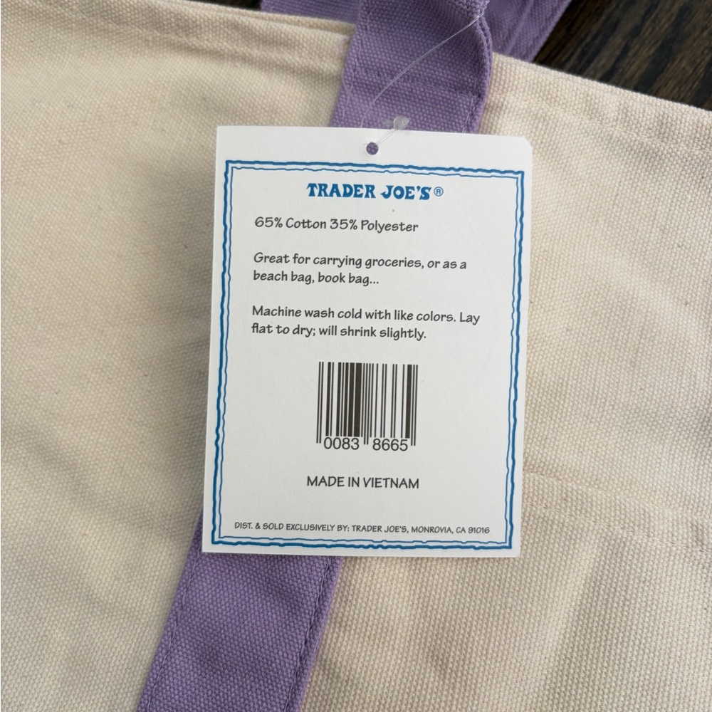 TWO NWT Trader Joe's Cream and Lavender Canvas Tote Bag - Picture 3 of 4